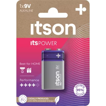 ITSON 6LR61IPO/1CP alkalna baterija 9V (6LR61, PP3, 1 paket) – brez živega srebra, 5 let skladiščenja