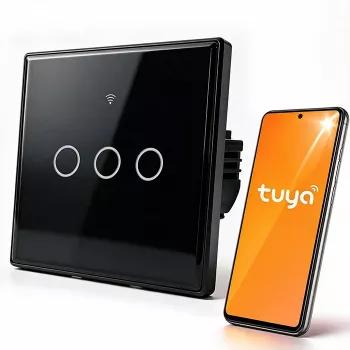 Qoltec 52713 pametno stikalo za luč na dotik 3-kanalno Wi-Fi časovnik Tuya Smart Life kaljeno steklo črno
