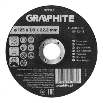 GRAPHITE 125 x 1,0 x 22,2 mm korundna rezalna plošča za kovino in nerjavno jeklo, 41 A60-T-BF, 110 kosov v kartonski škatli