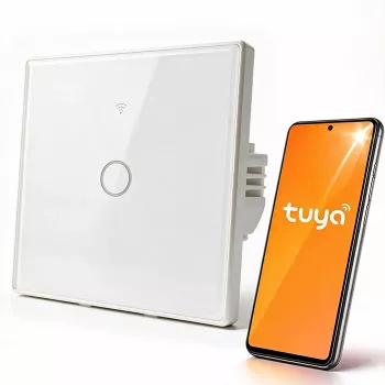 Qoltec 52715 pametno Wi-Fi stikalo za luč na dotik, 1-kanalno, kaljeno steklo, belo, Tuya/Smart Life, časovnik, glasovno upravljanje