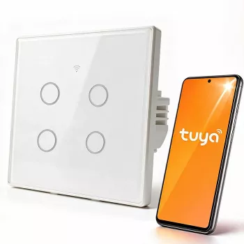 Qoltec 52718 Smart Touch 4-kanalno Wi-Fi stikalo za luči s časovnikom, Tuya/Smart Life, kaljeno steklo, belo