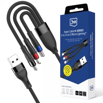 3mk Hyper Cable N-SERIES 3-v-1 kabel USB-A na USB-C/Lightning/MicroUSB 1,2m 9V/2A 18W, črn