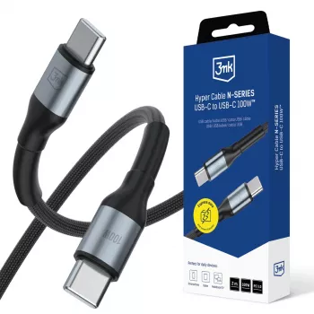 3mk Hyper Cable N-SERIES kabel USB-C na USB-C 2m 100W PD za hitro polnjenje in prenos podatkov, črn