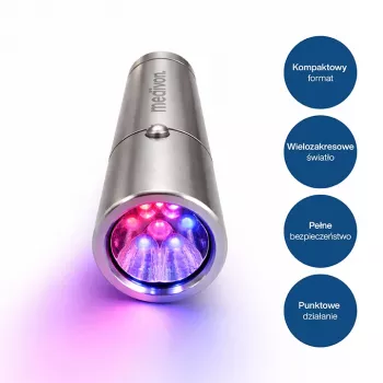 MEDIVON Lumix kompaktna LED svetilka za svetlobno terapijo, 5 valovnih dolžin 460–900 nm, 5-minutni časovnik, Li-ion baterija, srebrna