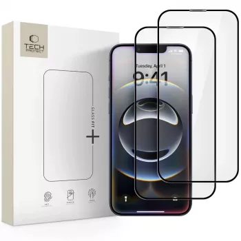 Tech-Protect Glass Fit+ kaljeno steklo za zaščito zaslona za Apple iPhone 13/13 Pro/14/16e/17e, črn okvir, 2 kosa