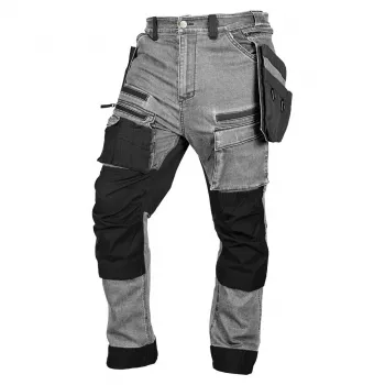 NEO TOOLS denim delovne hlače z ojačitvami Cordura in snemljivimi žepi za orodje, sive, velikost XL