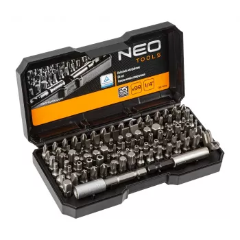 NEO TOOLS 99-delni set nastavkov za izvijač z ročajem, jeklo S2, 1/4 inch šesterokotnik, ravni, Phillips, Pozi, Torx, varnostni Torx, šesterokotnik, varnostni šesterokotnik, kvadratni, Spanner, Tri-Wing, Torq-Set, Clutch, magnetno držalo nastavkov, adapter, podaljšek, škatla za shranjevanje