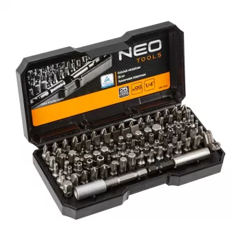 NEO TOOLS 99-delni set nastavkov za izvijač z ročajem, jeklo S2, 1/4 inch šesterokotnik, ravni, Phillips, Pozi, Torx, varnostni Torx, šesterokotnik, varnostni šesterokotnik, kvadratni, Spanner, Tri-Wing, Torq-Set, Clutch, magnetno držalo nastavkov, adapter, podaljšek, škatla za shranjevanje
