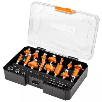 NEO TOOLS 15-delni komplet frezal iz volframovega karbida z 8 mm nastavkom v lesenem kovčku
