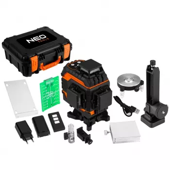 NEO TOOLS 75-140 3D laserski nivelir, 12 zelenih linij, 3 x 360°, polnilni, s kovčkom za prenašanje, ciljno ploščo, magnetnim držalom, polnilnikom