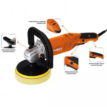 NEO TOOLS 04-701 rotacijski polirnik 900W 150mm s spremenljivimi vrtljaji in mehkim zagonom