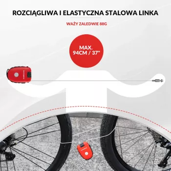 Rockbros zložljiva kabelska ključavnica 32420981001, rdeča – 3-mestna številčna ključavnica, 90 cm, pleteno jeklo