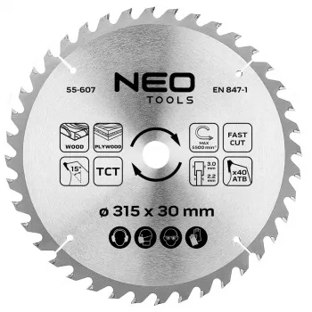 NEO TOOLS 315 mm TCT rezilo krožne žage, 40 zob, 30 mm izvrtina, rezanje lesa