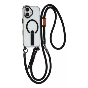 HURTEL ovitek za iPhone 17 s stojalom, kratkim 30 cm trakom in dolgim 120 cm trakom, združljiv z MagSafe - črn