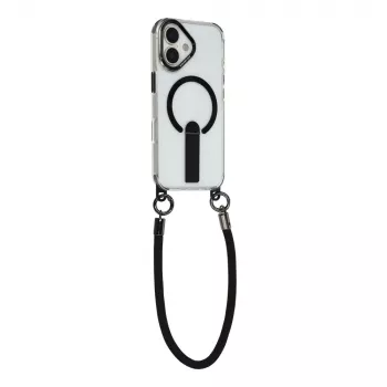 HURTEL ovitek za iPhone 17 s stojalom, kratkim 30 cm trakom in dolgim 120 cm trakom, združljiv z MagSafe - črn