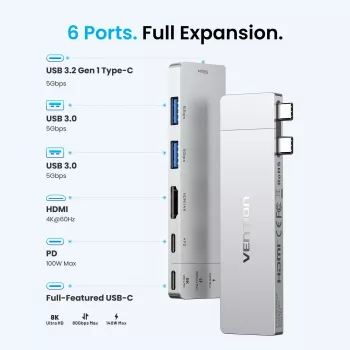 VENTION 6-v-2 Thunderbolt 5 priklopna postaja 8K@240Hz 80Gbps 140W PD DisplayPort 2.1 USB-C