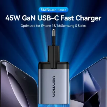 VENTION GaN 90W dvojni USB-C stenski polnilnik (45W+45W) - črn