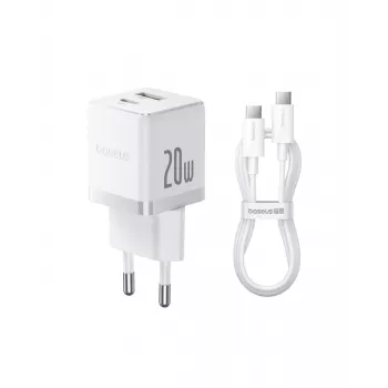 Baseus Palm 20W stenski polnilnik, 1x USB-A + 1x USB-C, QC3.0/PD3.0, s kablom USB-C 1 m, bel (P10111608213-01)