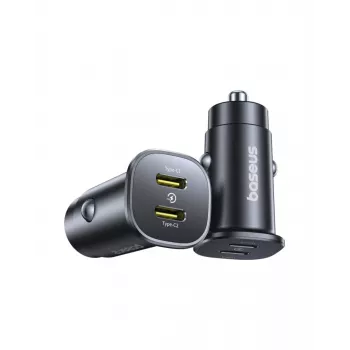 Baseus GoTrip 2x USB-C 30W avtomobilski polnilnik, 12-24 V, črn