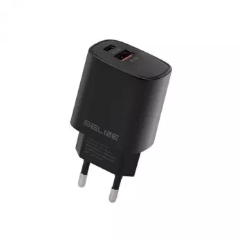Beline GaN 30W USB-C PD + USB-A QC stenski polnilnik, črn (samo polnilnik)
