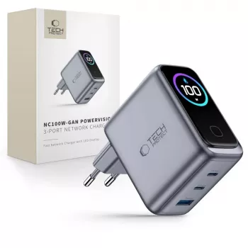 TECH-PROTECT PowerVision NC100W GaN 100W 3-portni USB-C PD & USB-A QC3.0 stenski polnilnik - temno siva