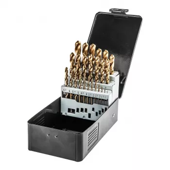 NEO TOOLS 25-delni komplet HSS-TiN spiralnih svedrov za kovino, 1,0–13,0 mm, DIN 338, križni brus 135°, kovinska škatla