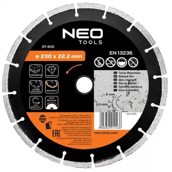 NEO TOOLS 230 mm lasersko varjena segmentna diamantna rezalna plošča za beton in kamen, izvrtina 22,2 mm