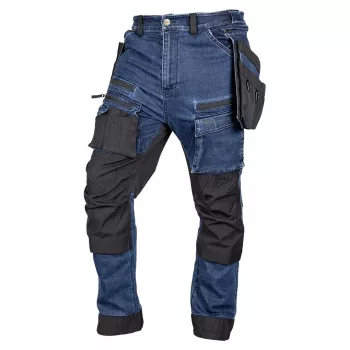 NEO TOOLS denim delovne hlače z ojačitvami Cordura in snemljivimi žepi za orodje, mornarsko modra, velikost S