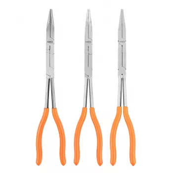 NEO TOOLS 01-293 komplet klešč z dvojnim zgibom, 3-delni, krom-vanadijevo jeklo, 280 mm, ravna, 45° in 90° ukrivljena konica, ergonomski nedrseči ročaji