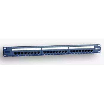 EmiterNet 19 inch 1U 24-portni RJ45 UTP Cat.5e patch panel z upravljanjem kablov, moder (združljiv s PoE)