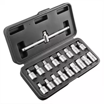 NEO TOOLS set ključev za izpust olja 3/8 inch pogon, 18-delni, krom-vanadij, kvadratni/šestrobni/Torx/utorasti nastavki, plastična škatla