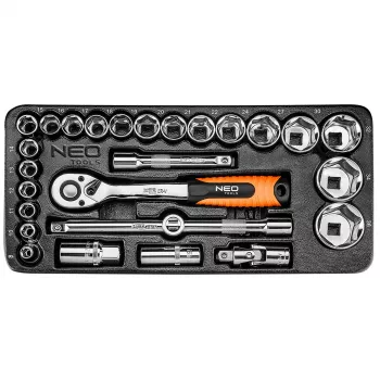 NEO TOOLS 84-238 komplet nasadnih ključev 1/2 inch 27-delni z ragljo, podaljški, kardanskim zglobom, drsnim ročajem in kovčkom | CrV jeklo | 10-32 mm