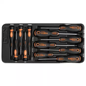 NEO TOOLS 12-delni komplet preciznih in standardnih izvijačev s PZ, TX, ploščatim, Phillips, magnetnimi konicami, krom-vanadijevo jeklo, dvokomponentni ročaji, škatla za shranjevanje