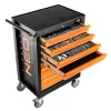 NEO TOOLS 84-222-9 delavniška omara s 7 predali in 129-delni komplet orodja, rdeče/črne, kroglični vodila, centralno zaklepanje, nosilnost 400 kg