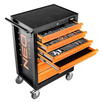 NEO TOOLS 84-222-9 delavniška omara s 7 predali in 129-delni komplet orodja, rdeče/črne, kroglični vodila, centralno zaklepanje, nosilnost 400 kg