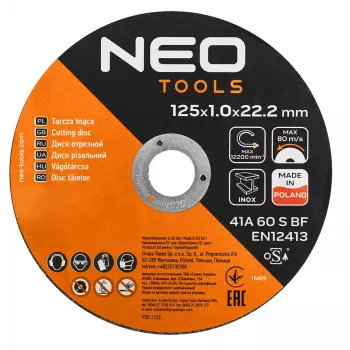 NEO TOOLS rezalne plošče za kovino 41A 60 S BF - 125x1,0x22,23 mm JEKLO/INOX, 100 kosov v vedru