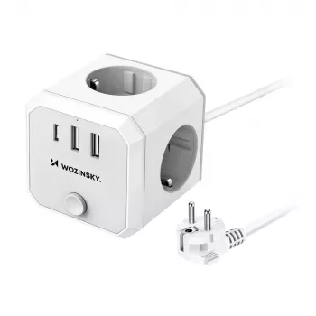 Wozinsky WKZ-3B 4-kratna napajalna kocka z 2 USB-A in 1 USB-C, 4000 W, 1,8 m kabel, bela
