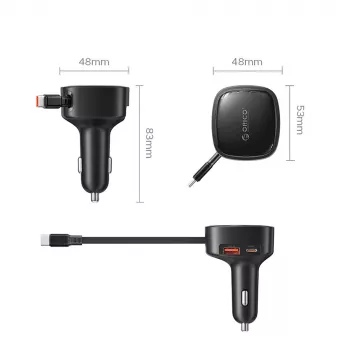 ORICO FC-66-1A2C 66W avtomobilski polnilnik z izvlečnim USB-C kablom - črn