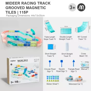 Mideer MD6395 magnetna dirkalna proga z 2 avtomobiloma, 115 delov, 3+ let