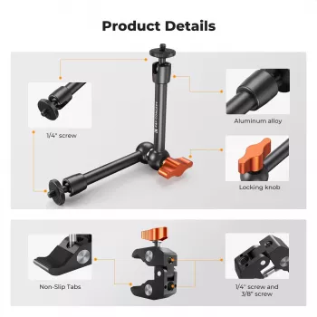 KF Magic Arm + Super Clamp komplet za montažo z navojem 1/4 inch in 3/8 inch, čeljust 15-55 mm, črn