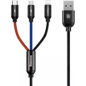 Baseus Primary Colors 3-v-1 kabel USB 2.0 Type A na Micro, USB-C in Lightning 30cm črn/rdeč/moder