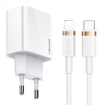 USAMS T34 20W USB-C PD stenski polnilnik s kompletom kabla U63 USB-C na Lightning – bel