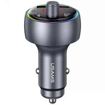 USAMS CC328 30W Bluetooth FM oddajnik avtomobilski polnilnik z USB-C PD in USB-A QC3.0, prostoročno telefoniranje, LED prikaz, črn