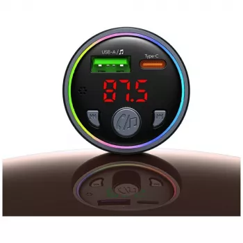 USAMS CC328 30W Bluetooth FM oddajnik avtomobilski polnilnik z USB-C PD in USB-A QC3.0, prostoročno telefoniranje, LED prikaz, črn