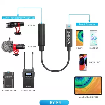 BOYA BY-K4 adapter kabel 3,5mm TRS vtičnica na USB-C vtič za mikrofone (6 cm, črn)