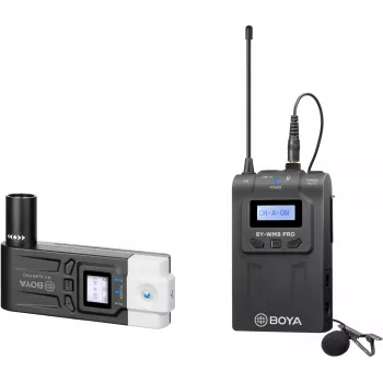 BOYA BY-WM8 Pro-K7 dvokanalni brezžični UHF lavalier mikrofonski sistem s 48 kanali, doseg 100 m, sprejemnik za namestitev na kamero (568-590 MHz)