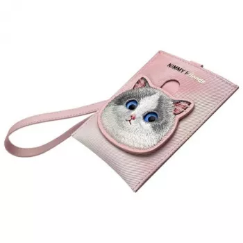 NIMMY Big Eyed Pet 2.0 mačka roza PU usnjen držalo za kartice denarnica s 6 predali za kartice, predal za kovance in zadrgo