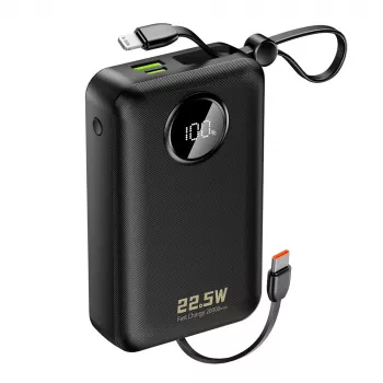 DUDAO K14+ 20000mAh 22,5W powerbank z vgrajenima kabloma Lightning in USB-C - črn