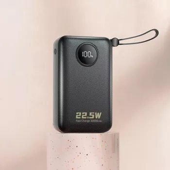 DUDAO K14+ 20000mAh 22,5W powerbank z vgrajenima kabloma Lightning in USB-C - črn