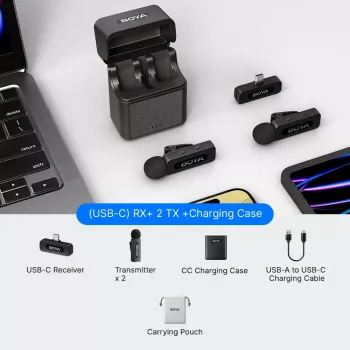 BOYA BY-V30 brezžični lavalier mikrofonski sistem za naprave USB-C, 2,4 GHz, doseg 50 m, 9-urna baterija, dušenje hrupa, črna